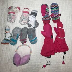 Pink and Multicolor Kids Winter Gloves, ski socks, and earmuffs lot
